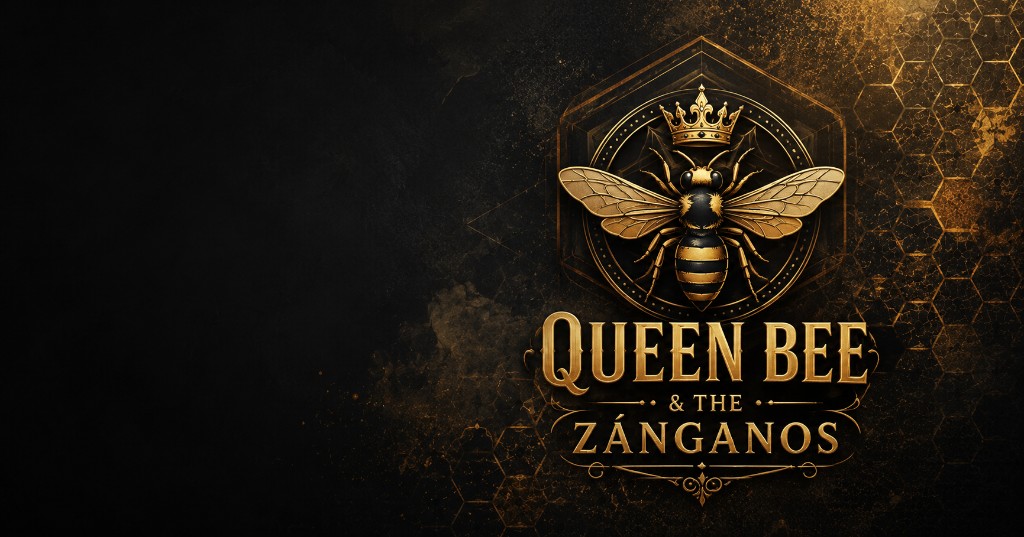 Queen Bee & The Zánganos — logo con colmena dorada